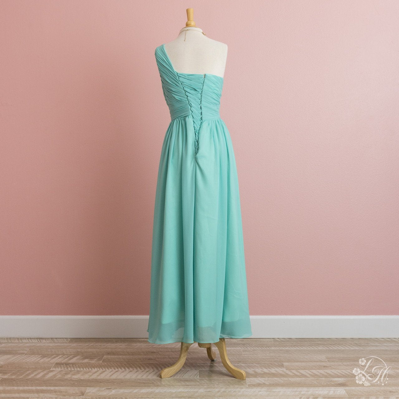 グリーン ワンショルダーシフォンパーティドレス