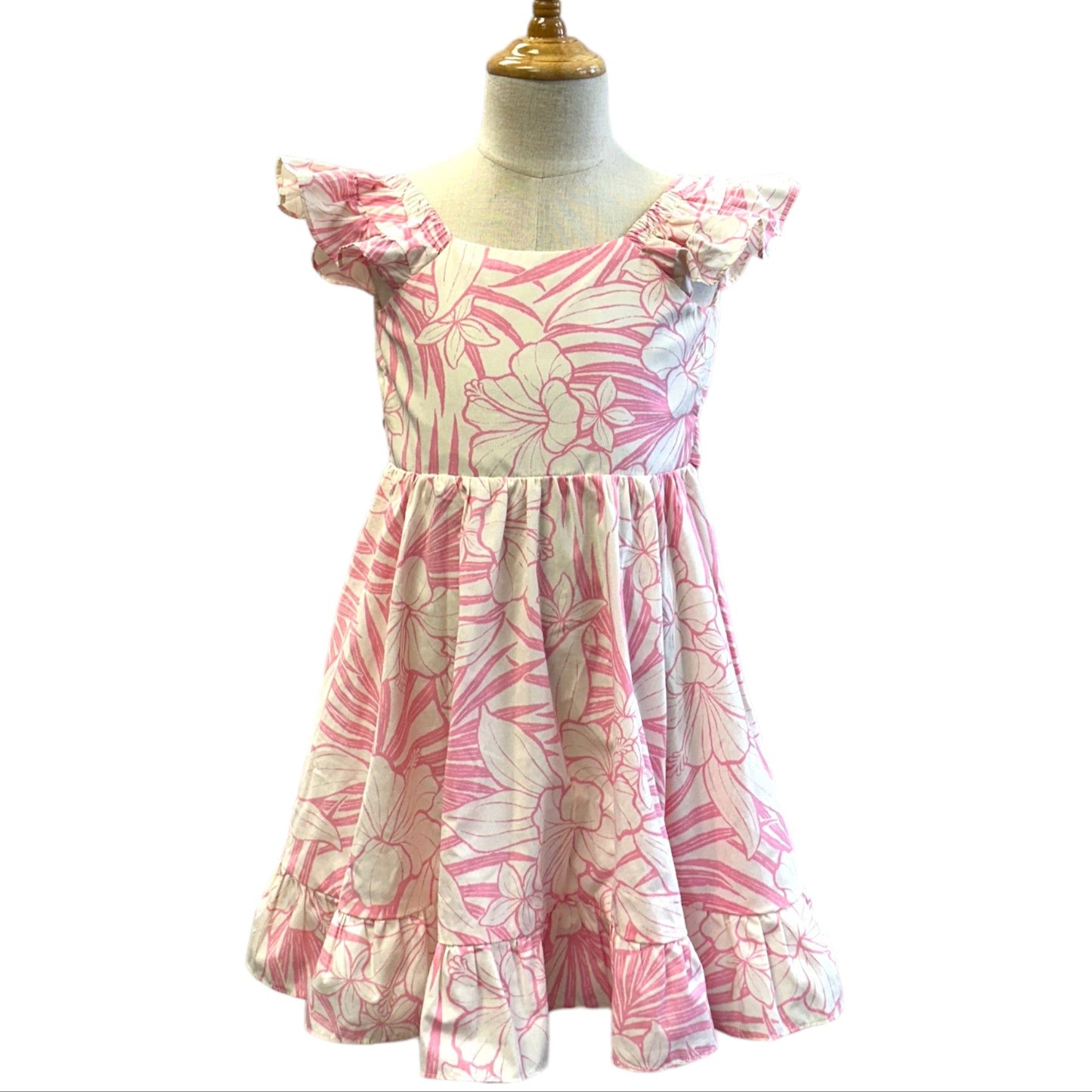 ハイビスカス柄 キッズ ムームー ホワイト&ピンク