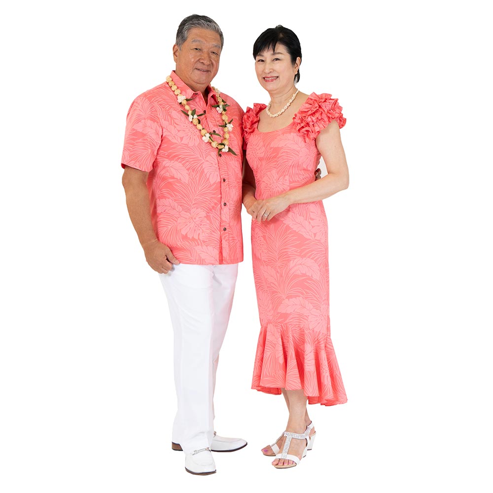 モンステラ ピンク ミドルドレス お揃いアロハシャツ