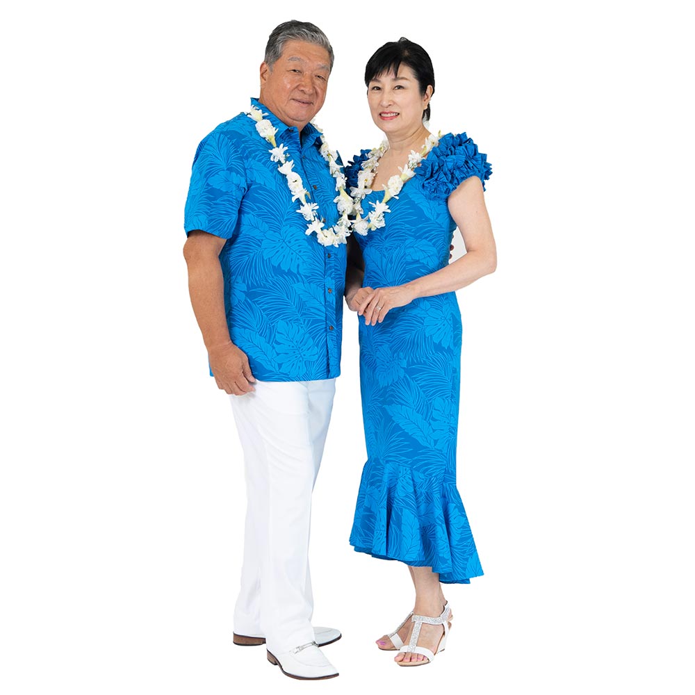 モンステラ柄 ブルー ミドルドレス お揃いアロハシャツ