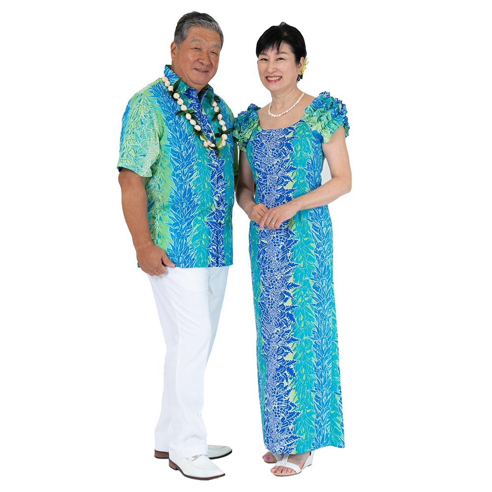 リコレイ ブルーグラデーション ストレートドレス お揃いアロハシャツ