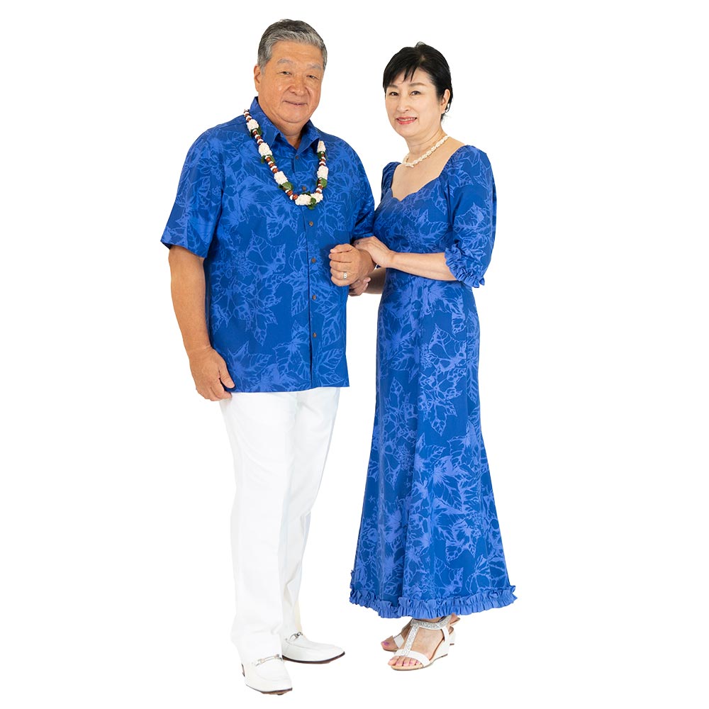 ククイ柄 ブルー アロハシャツ 夫婦でお揃い