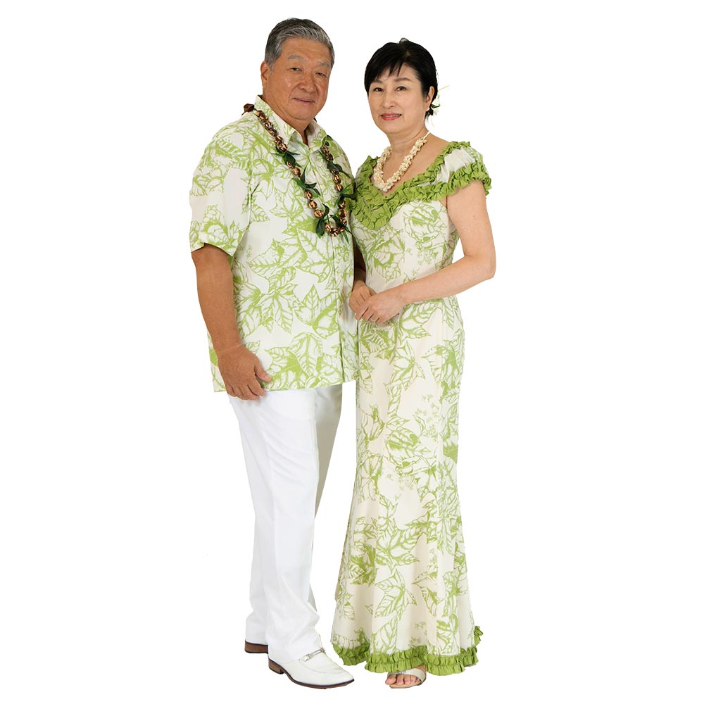 ククイ柄 グリーン アロハシャツ 夫婦でお揃い