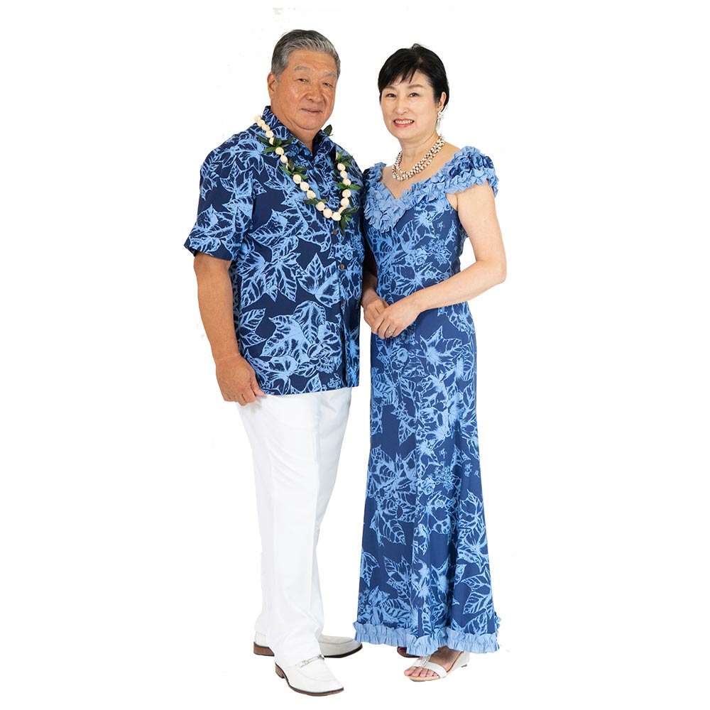 ククイ柄 ネイビー ラッフルドレス 夫婦でお揃い