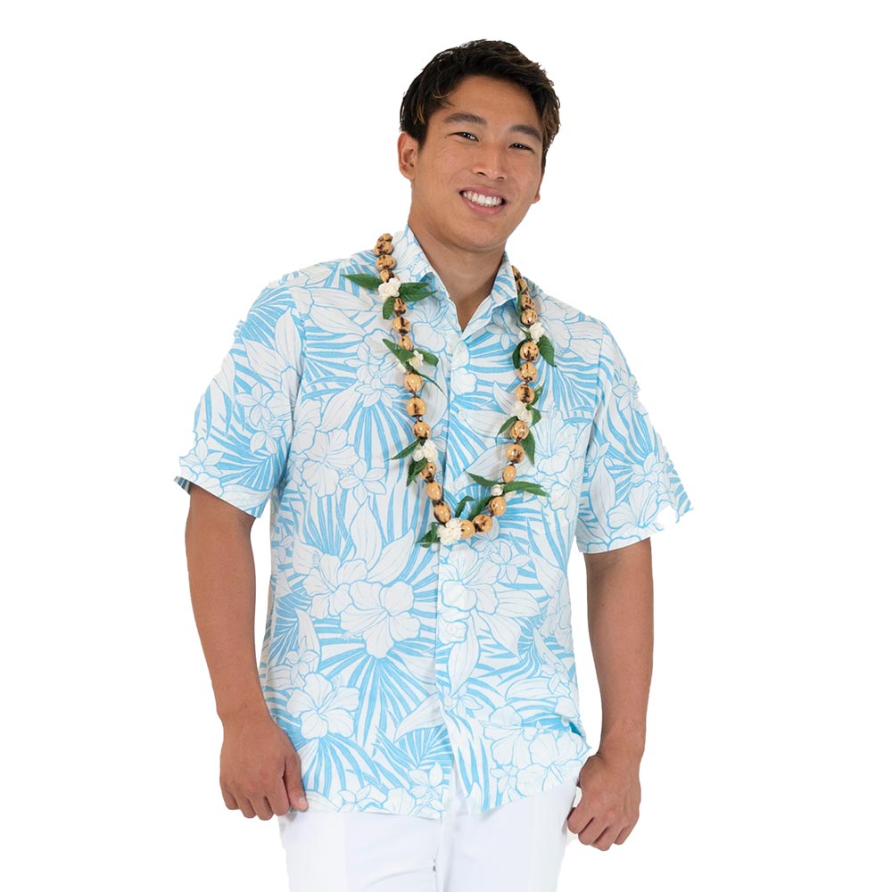 ハイビスカス柄 ホワイト&ブルー - ご夫婦お揃い