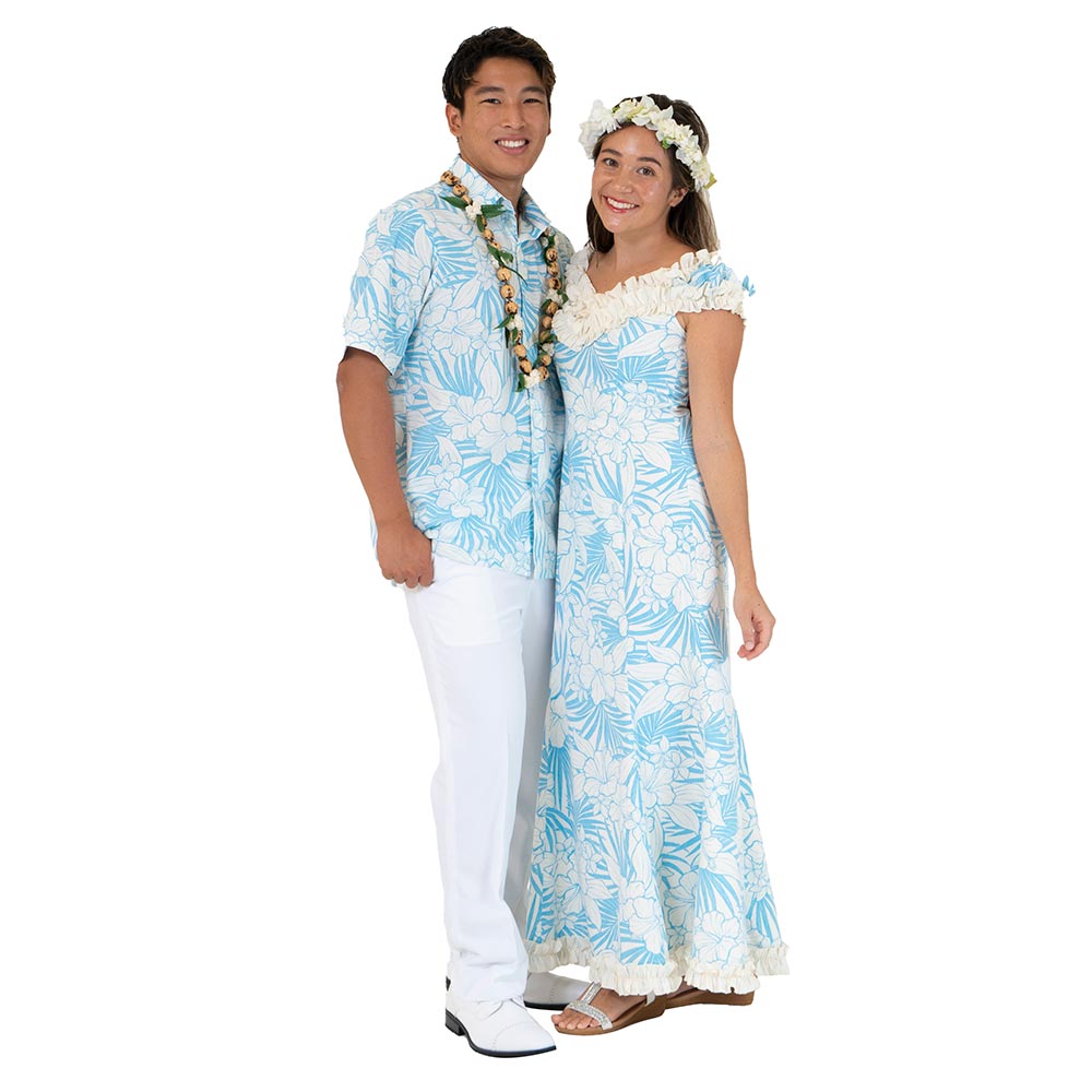 ハイビスカス 白xブルーアロハシャツ