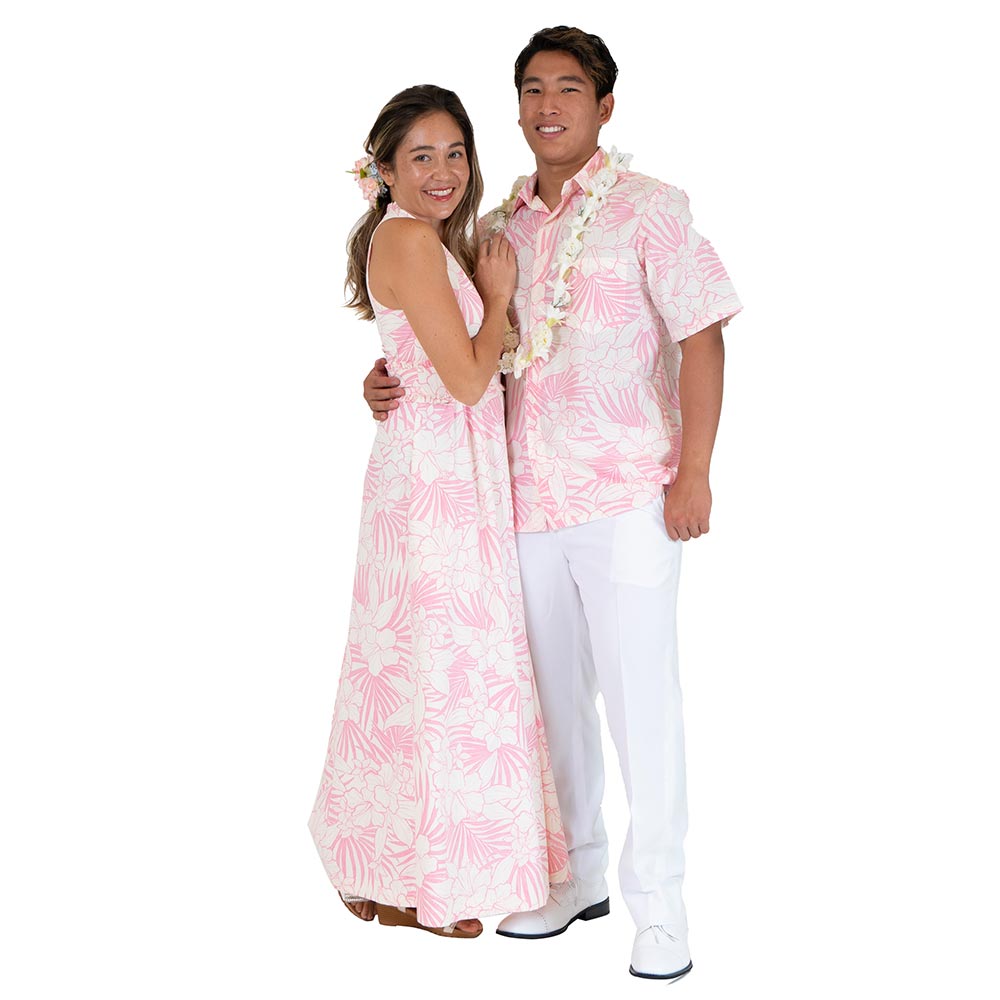 ハイビスカス 白xピンク アロハシャツ カップルでお揃い