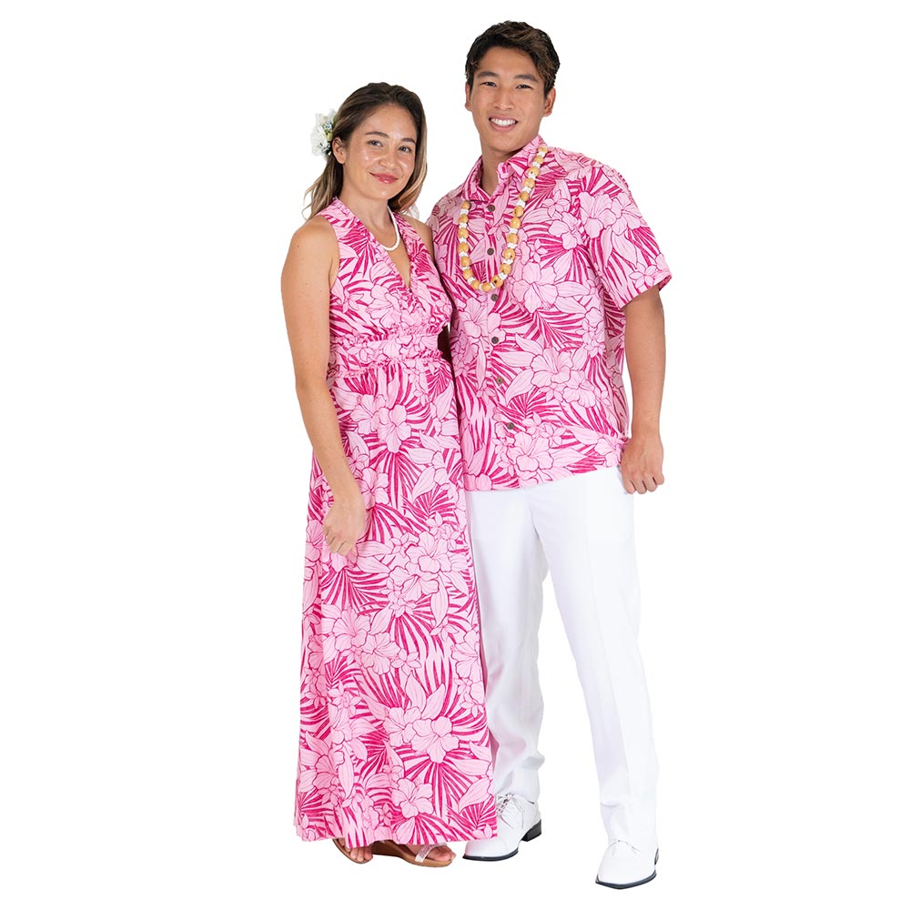 ハイビスカス ダークピンク アロハシャツ 夫婦でお揃い