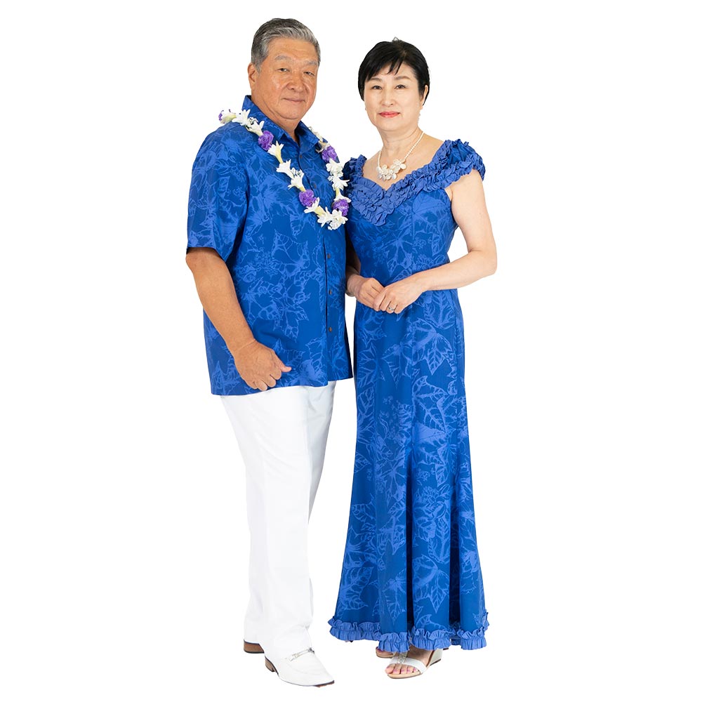 ククイ柄 ブルー ラッフルドレス 夫婦でお揃い