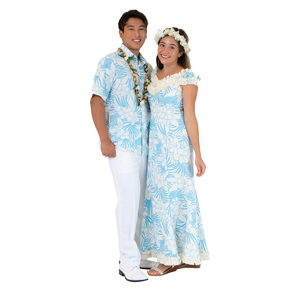 ハイビスカス 白ブルー ラッフルドレス / ブルー お揃いアロハシャツ