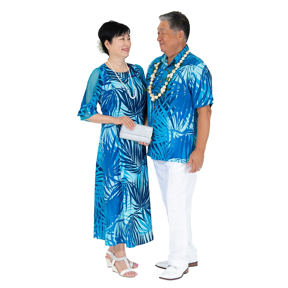 リーフ ブルー 五分袖シースルードレス