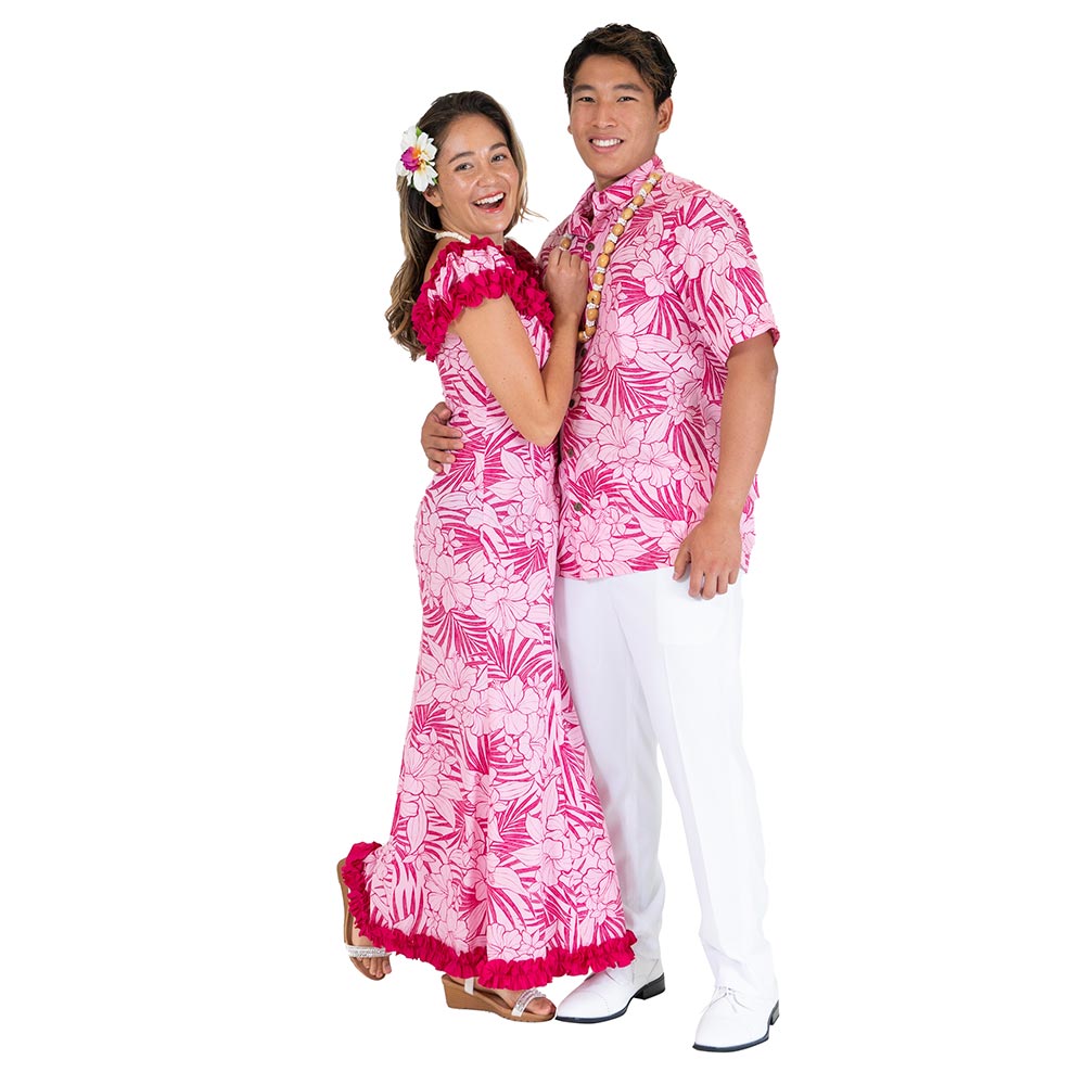 ハイビスカス ピンク ラッフルドレス お揃いアロハシャツ