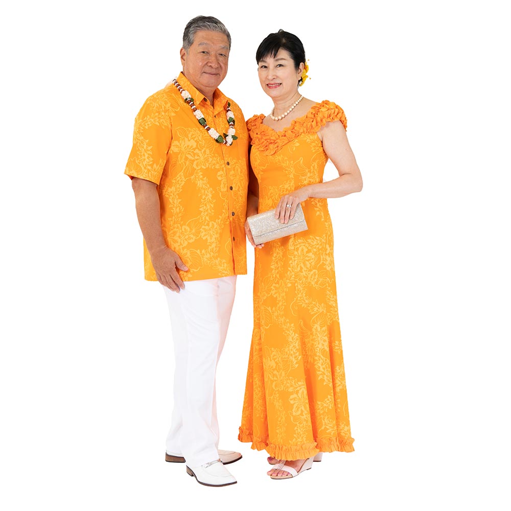 チューベローズ柄 オレンジ ラッフルドレス / オレンジ カップルでお揃い