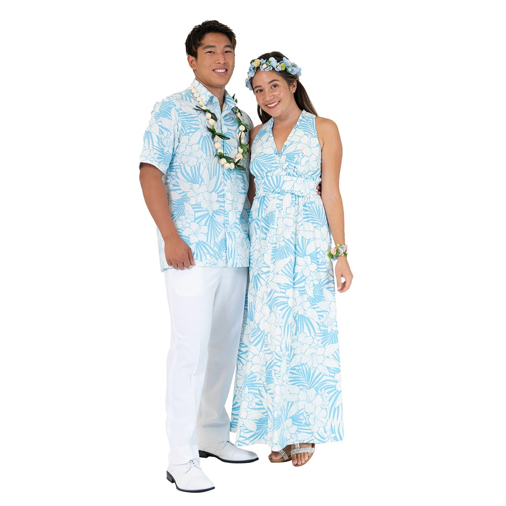 ハイビスカス 白ブルー タンクドレス お揃いアロハシャツ