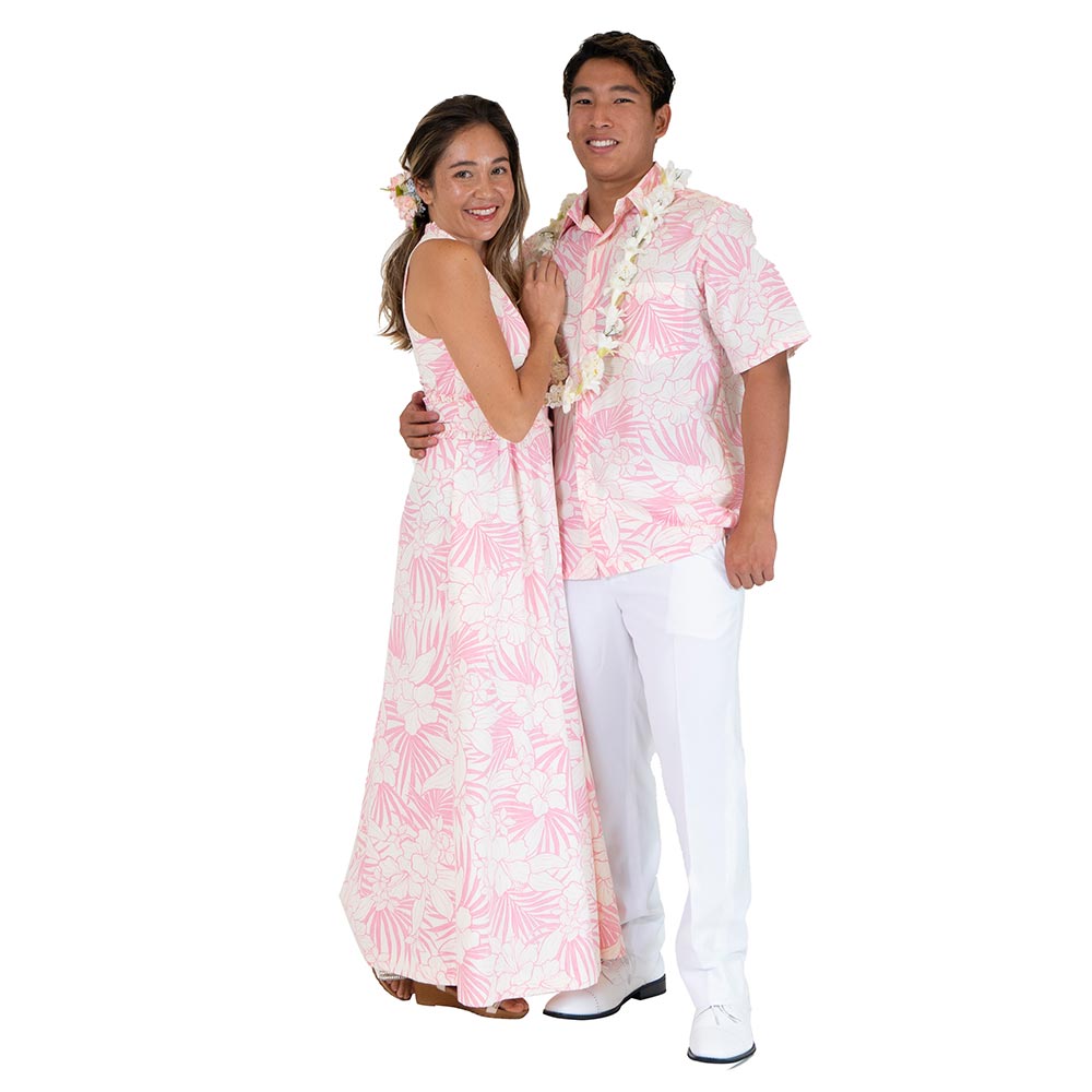 ハイビスカス 白ピンク タンクドレス お揃いアロハシャツ