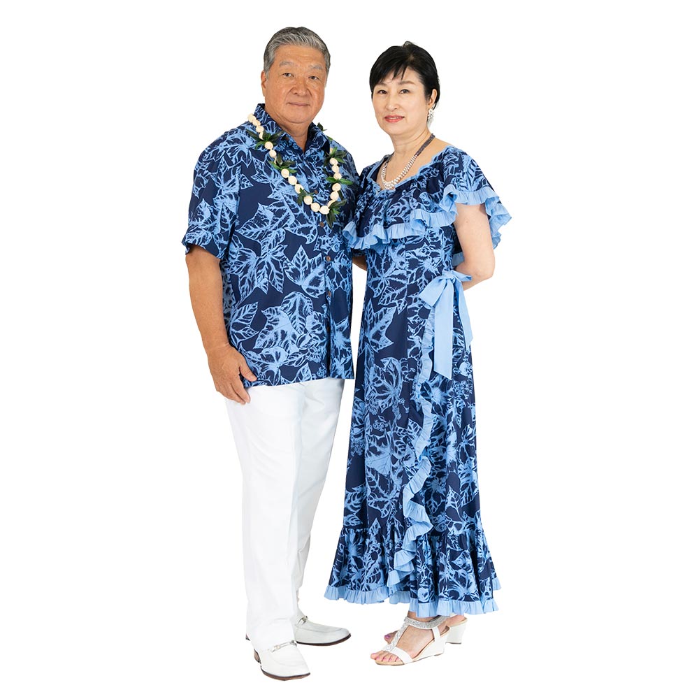 ククイ柄ネイビー オフショルドレス 夫婦でお揃い