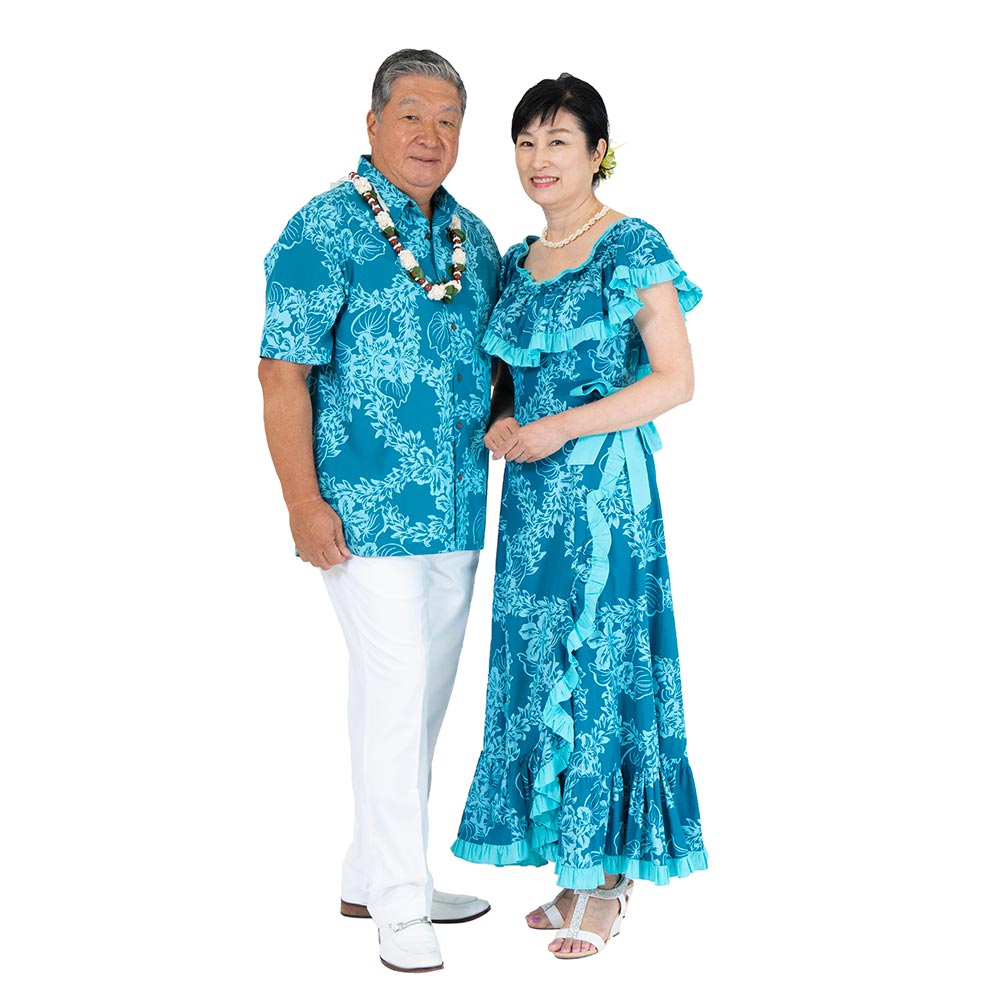 チューベローズ柄グリーン オフショルドレス カップルでお揃い