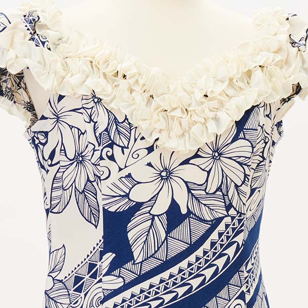 タパ柄ラッフルロングドレス /ネイビー