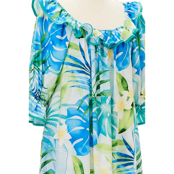 パームリーフ柄レーヨンムームードレス/ブルー