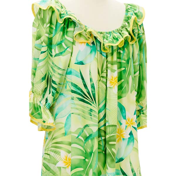 パームリーフ柄レーヨンムームードレス/グリーン 胸元