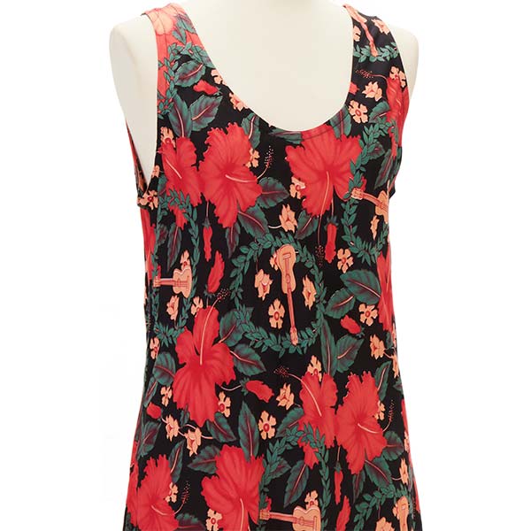 ハイビス・ウクレレ柄 ハワイアン ノースリーブドレス/レッド