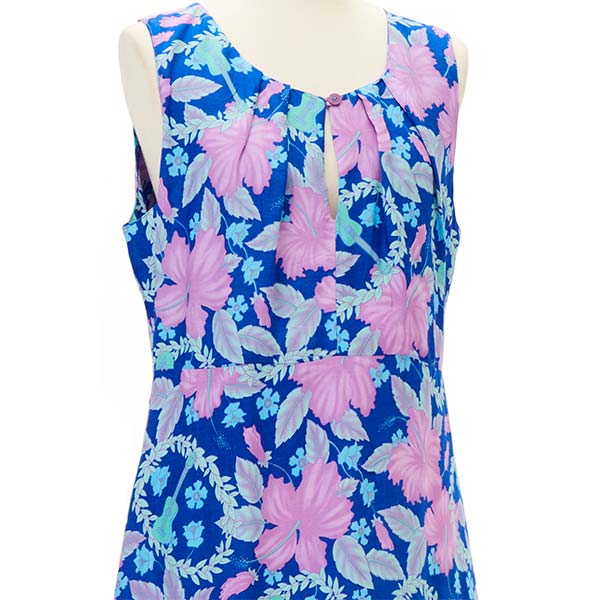 ハイビスカス・レイ柄ハワイアンノースリーブショートドレス/ブルー