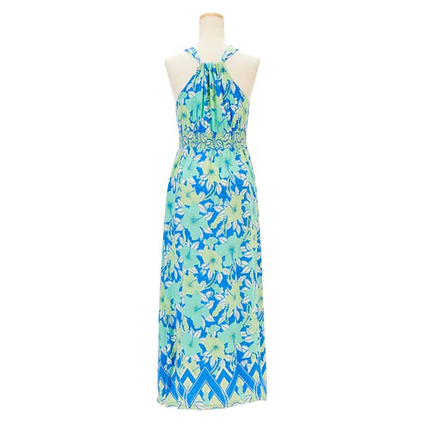 ハイビスカス柄ハワイアン Vネックドレス/ブルー