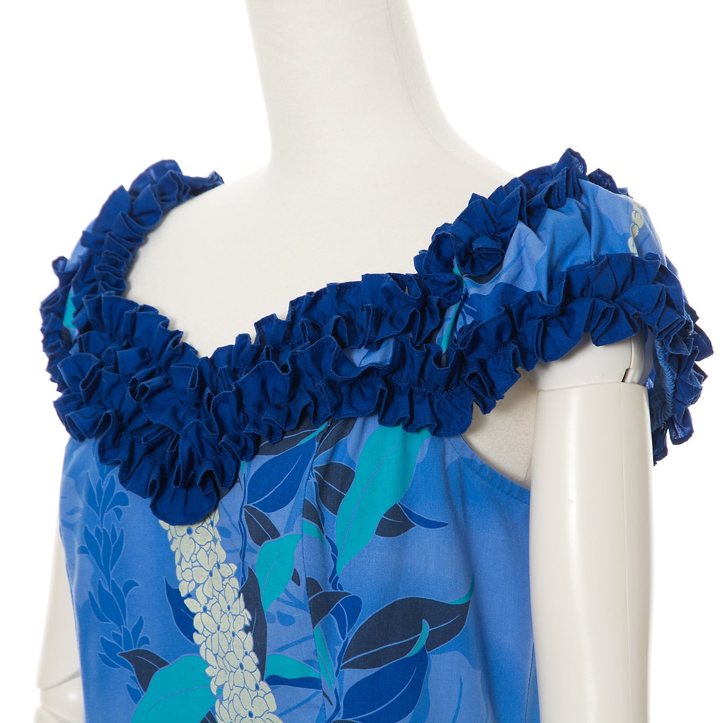 レイ柄 ブルー ラッフルフレアフレアドレス 首周り