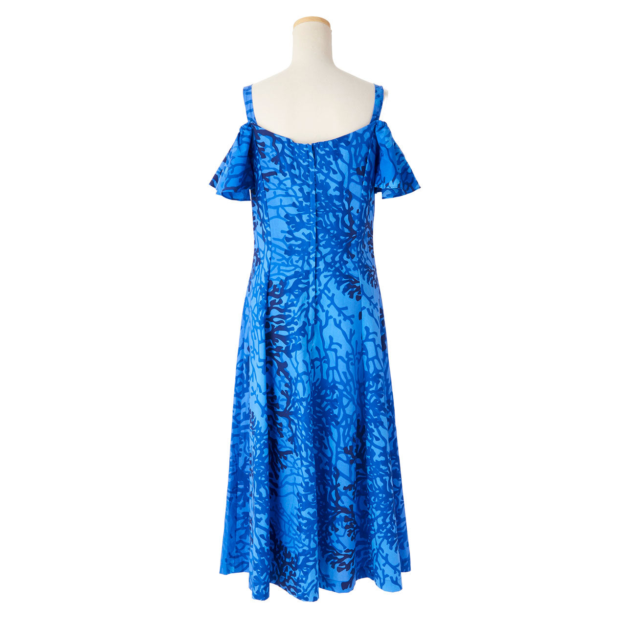 サンゴ柄ハワイアン ドレス・フレア袖ドレス/ブルー