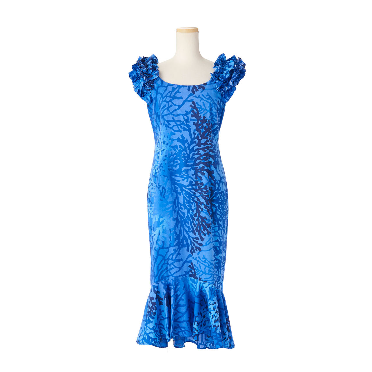 サンゴ柄ハワイアン ドレス・ロングドレス/ブルー