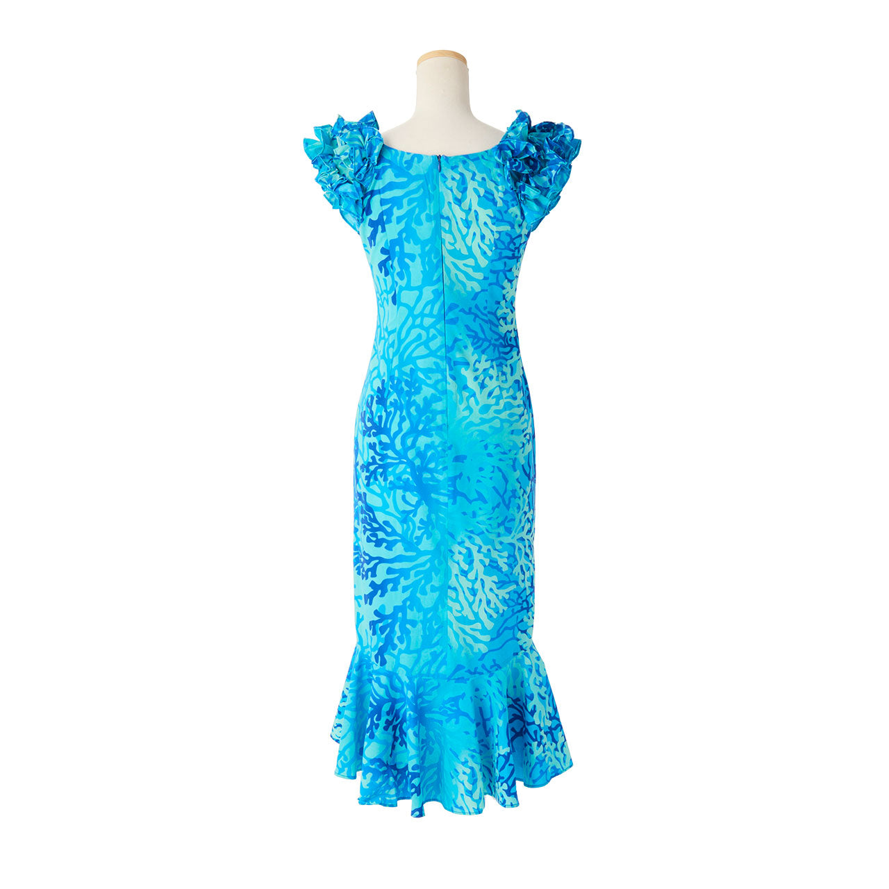 サンゴ柄ハワイアン ドレス・ロングドレス/ライトブルー