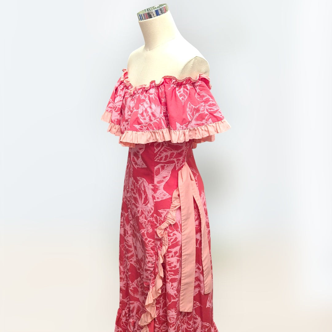 ククイ柄 ピンク オフショルドレス