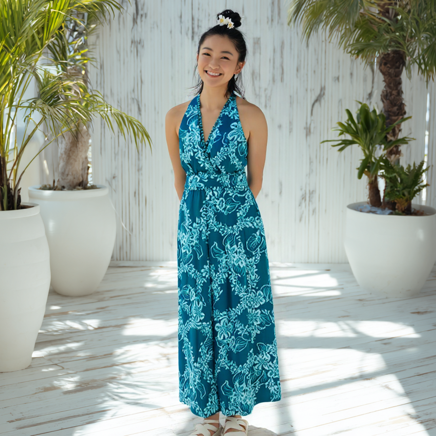 チューベローズ柄タンクドレス/グリーン