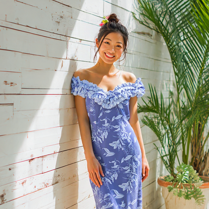マイリ柄 ブルー  ラッフルドレス
