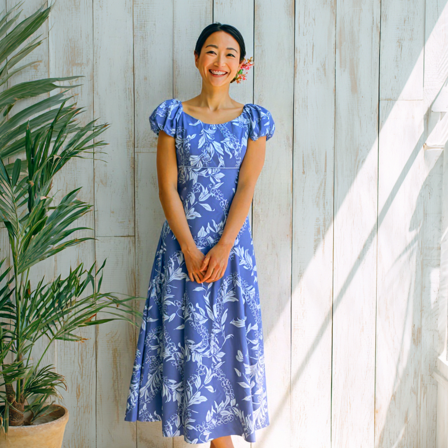 マイリ柄 ブルー パフドレス