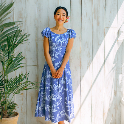 マイリ柄 ブルー パフドレス