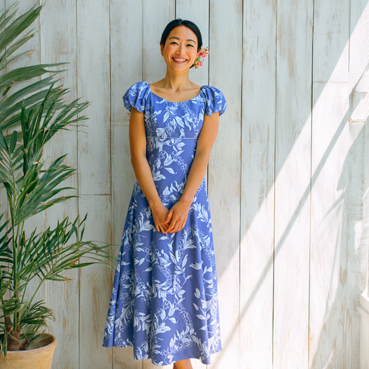 マイリ柄 ブルー パフドレス