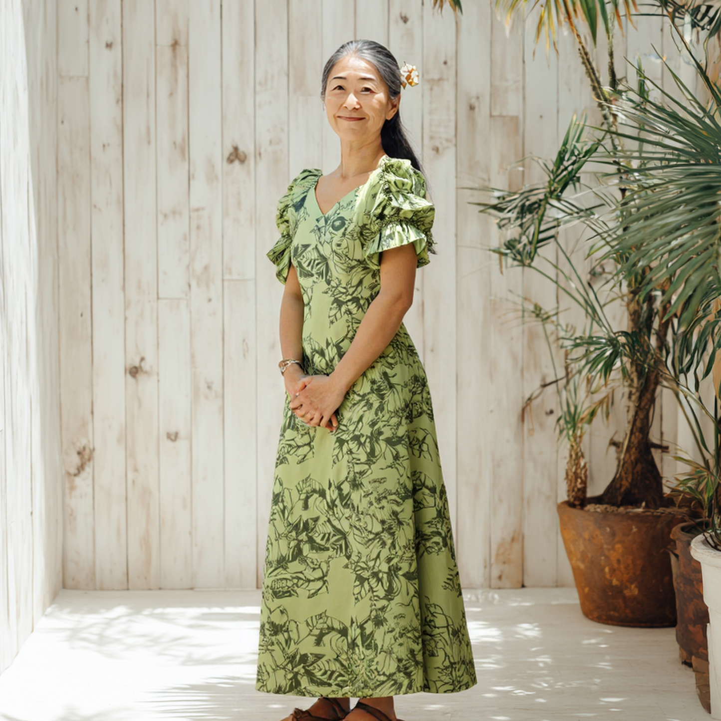 ククイ柄 半袖ドレス シトロン