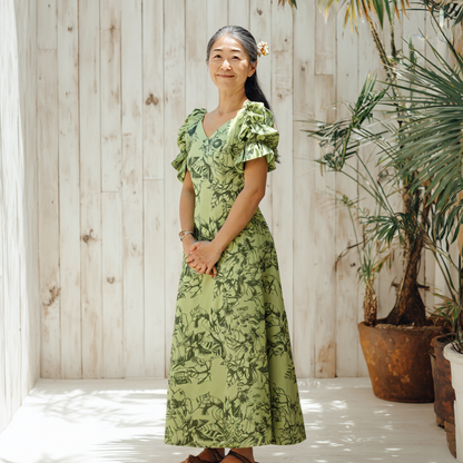 ククイ柄 半袖ドレス シトロン