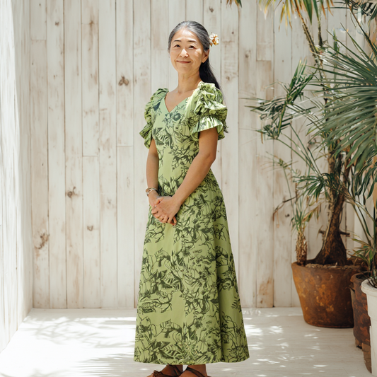 ククイ柄 半袖ドレス シトロン