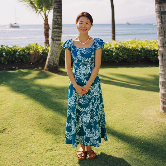 チューベローズ柄 グリーン パフドレス