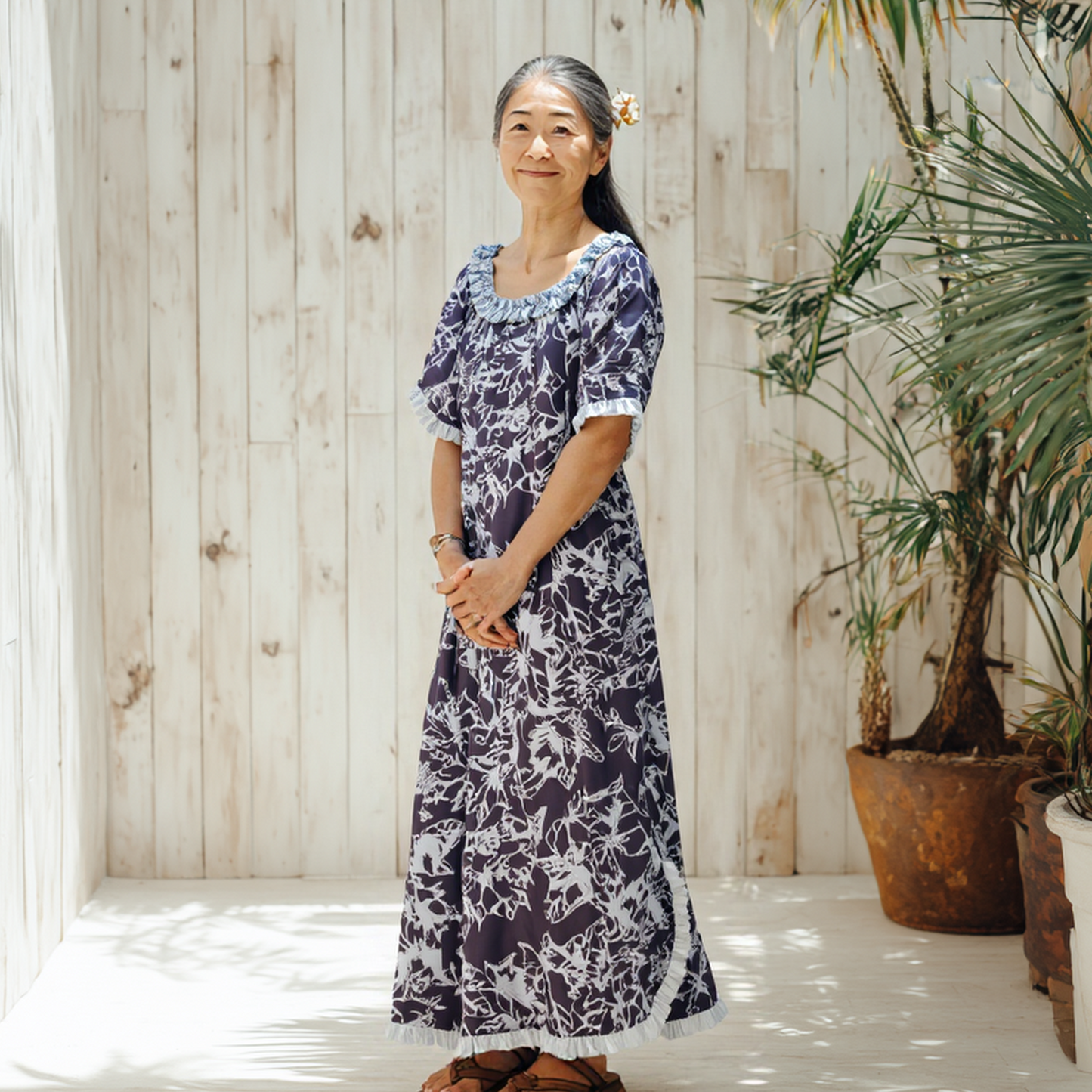 ククイ柄 ネイビー 五分丈袖ドレス