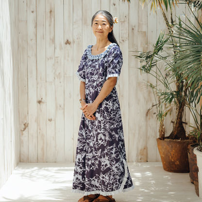 ククイ柄 ネイビー 五分丈袖ドレス