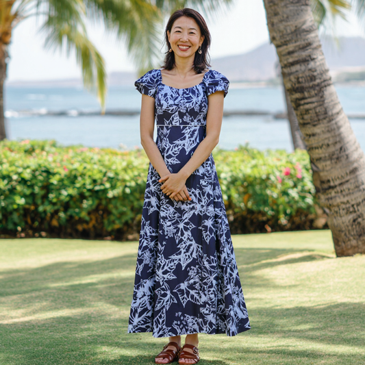 ククイ柄 ネイビー パフドレス