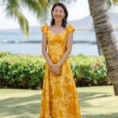 チューベローズ柄 オレンジ パフドレス