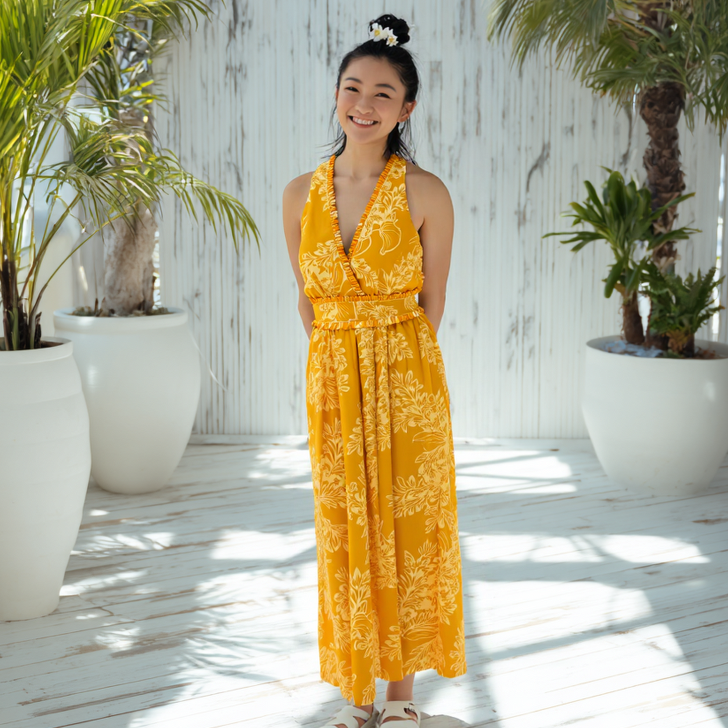 チューベローズ柄 タンクドレス / オレンジ