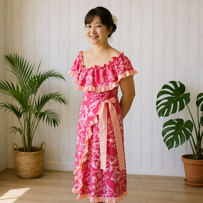 ククイ柄 ピンク オフショルドレス