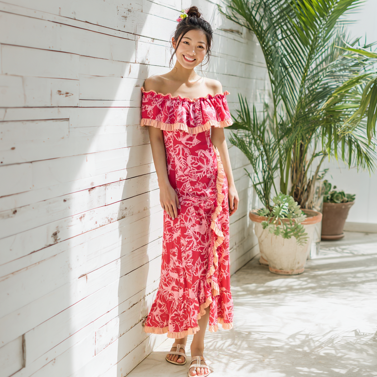 ククイ柄 ピンク オフショルドレス