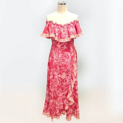 ククイ柄 ピンク オフショルドレス