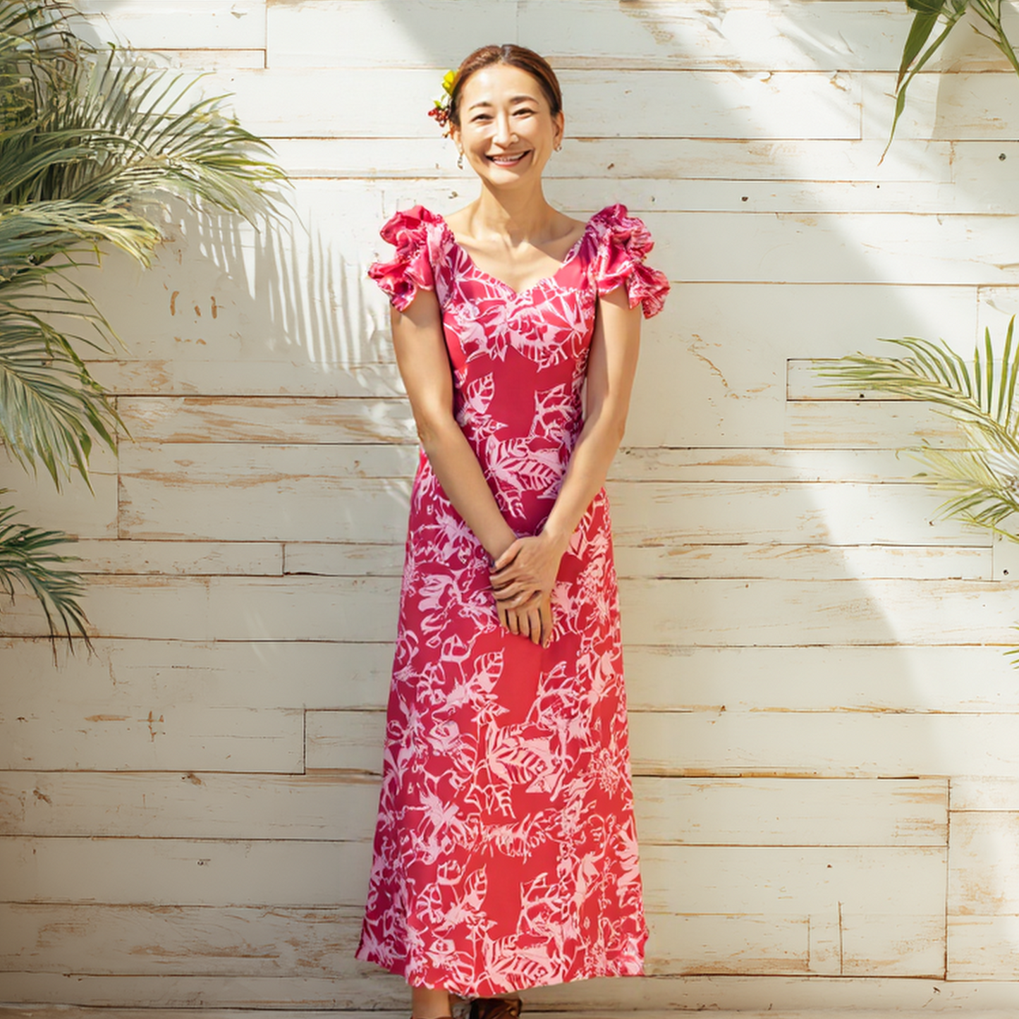 ククイ柄 半袖ドレス ピンク